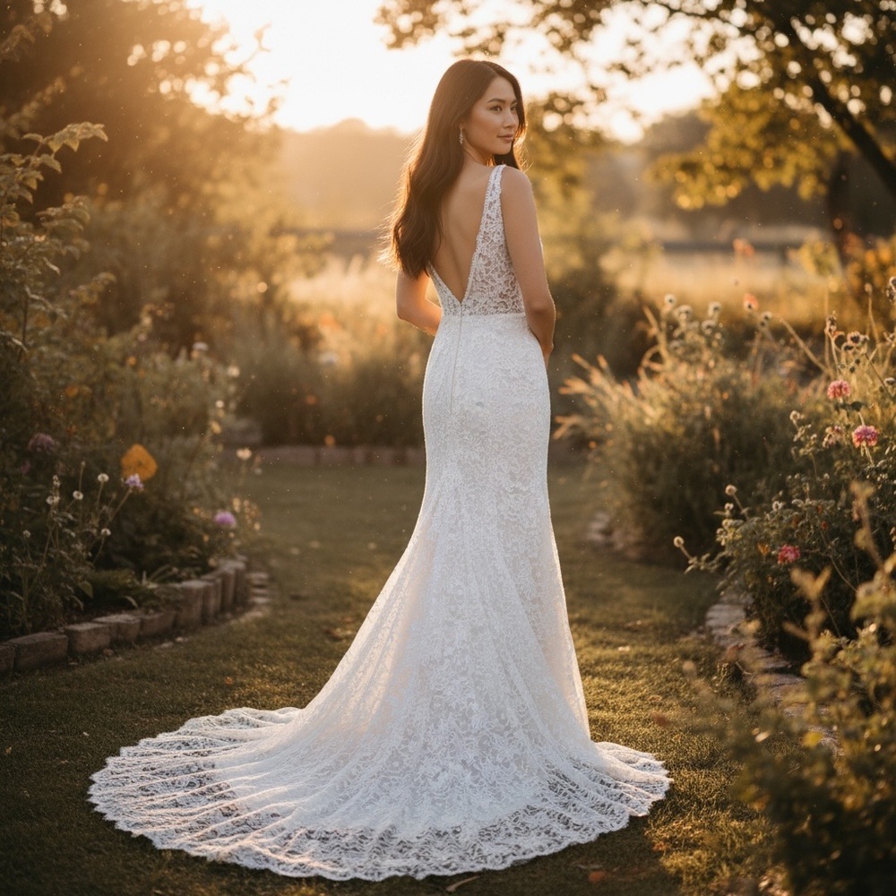 David Bridals Beautiful Lace Beaded Ivory  Wedding Dress With Train Sz 4